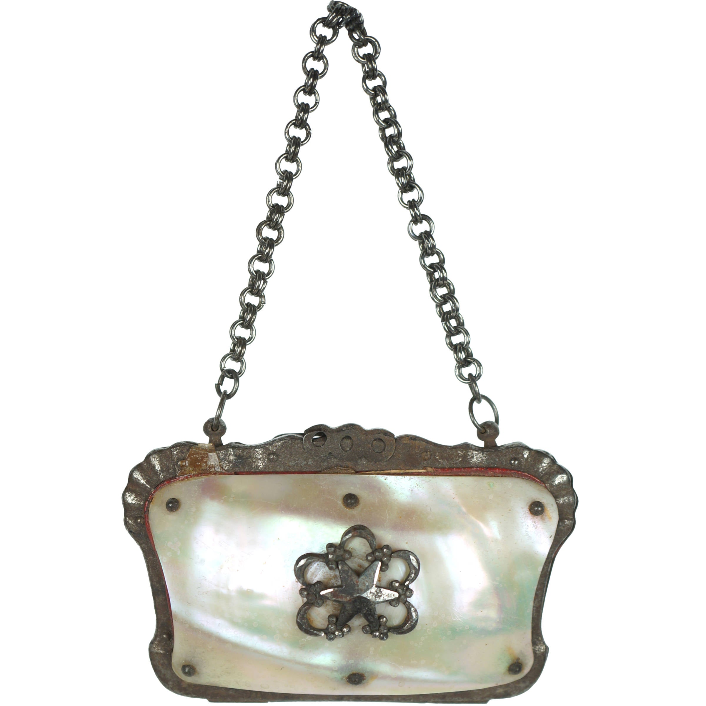 Lot - Antique Victorian sterling silver purse with etched scrolling floral  design with chain and inside leather holders and bone backing o...